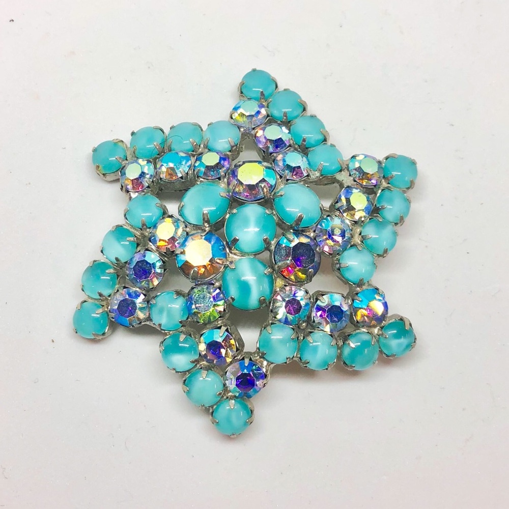 Vintage Blue Moonstone Rhinestone Star Brooch